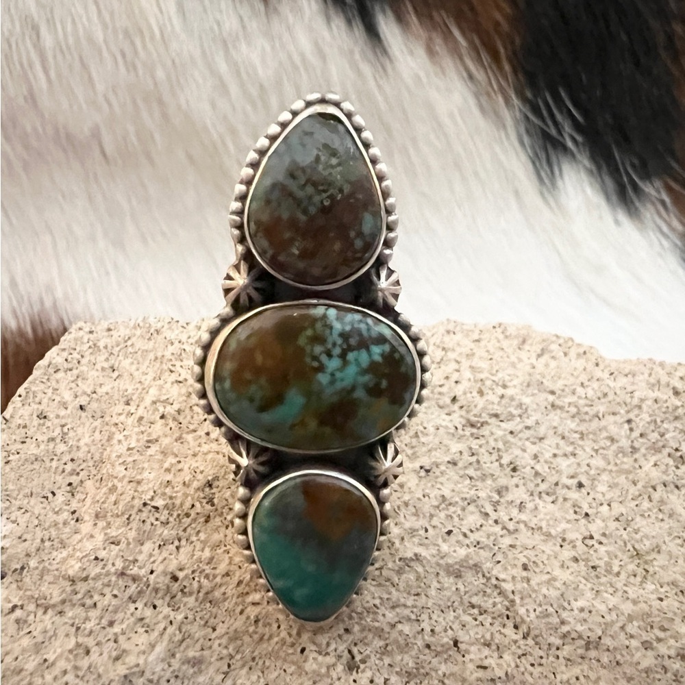 ❤️ Royston Turquoise 3 Stone Matte 925 Sterling Statement Navajo Adjustable Ring